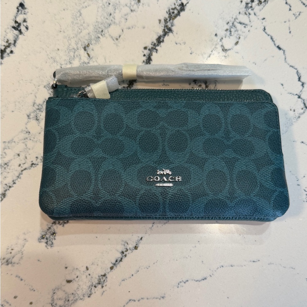 NWT COACH Double Zip Wallet In Signature Canvas in Aquamarine/Silver